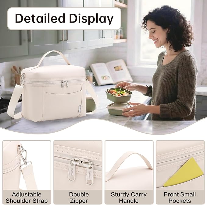 Insulated Lunch Bag Portable Lunch Box Bag Men Women Leakproof Lunch Cooler Bag with Adjustable Strap Adult Lunch Box for Office Picnic Travel Off White