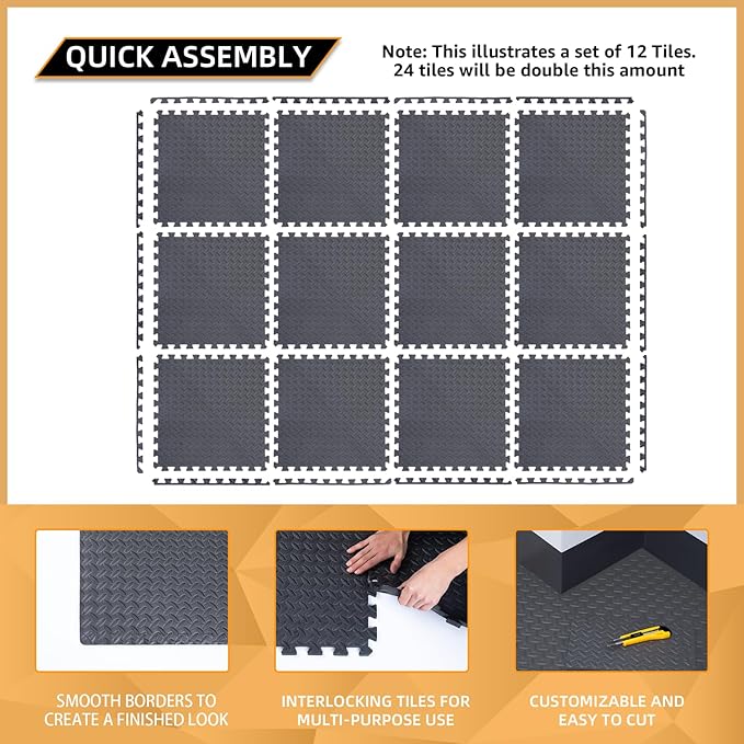 12 Pack, 48 SQFT - 24" x 24" - 1/2" Extra Thick Floor Exercise Mat for Home Gym or Floor Padding - High-Density EVA Interlocking Foam Floor Tiles for Gym Equipment, Play Area | Yoga, Cardio, Weights