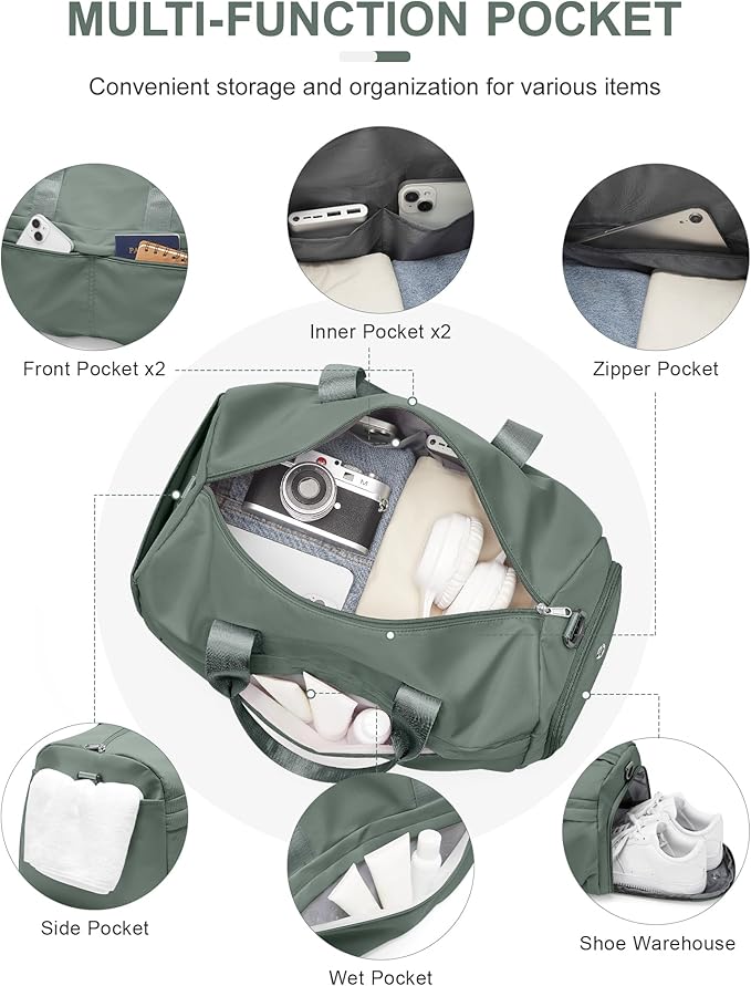 Gym Bag for Women Men with Shoe Compartment, Sport Duffel Bag, Waterproof Travel Weekender Overnight Carry on Bag for Yoga with Trolley Sleeve, Green