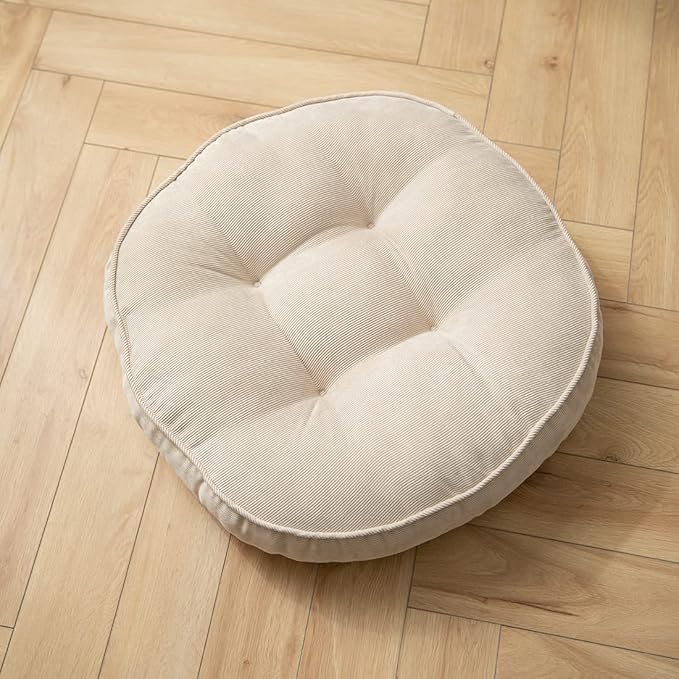 Corduroy Chair Pads Seat Cushion Soft Thicken Bedroom Living Room Floor Tatami Cushion Round Seat Pad for Kids Reading Adult Office,1 Count (Ivory,22"x22")