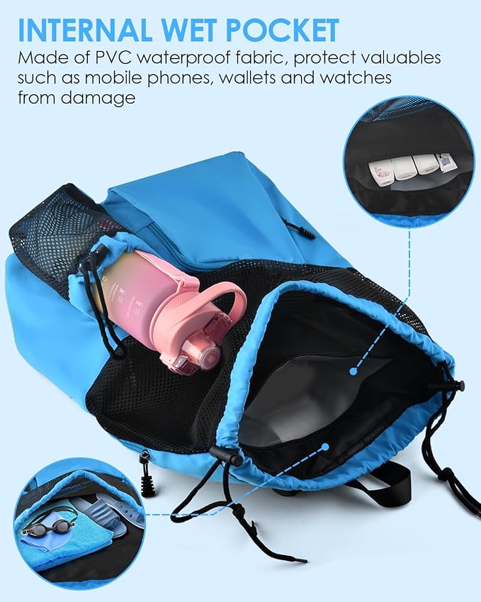 BROTOU Swim Bag Beach Backpack with Wet Pocket Mesh Drawstring Bags for Swimming, Gym