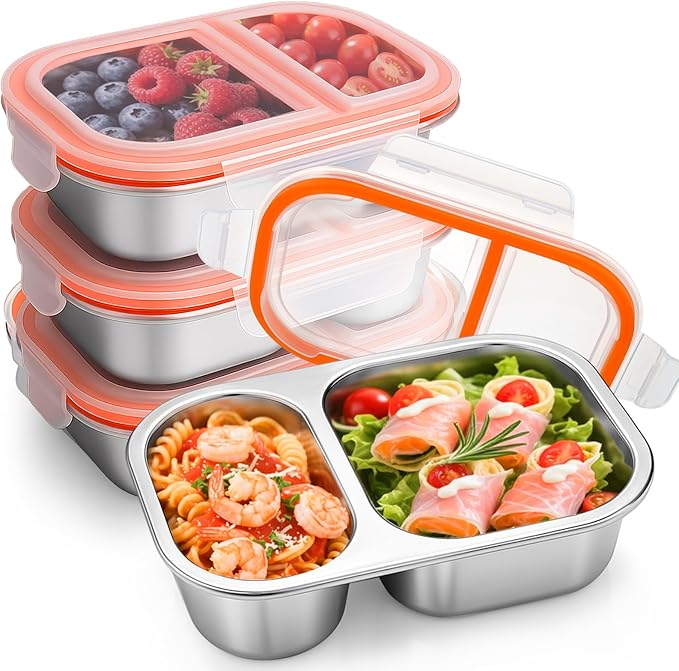 Palksky Lunch Containers Meal Prep Containers Stainless Steel, 2 Compartment Food Storage Containers with Leak-Proof Lids, Reusable Airtight Bento lunch Boxes, Kitchen Storage, Freezer (4 Packs)