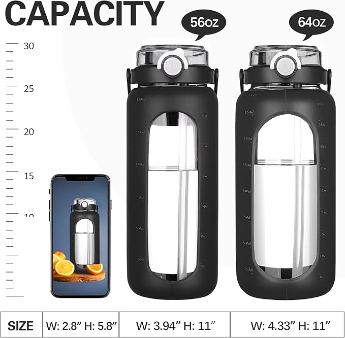 BLUEGO 64oz Glass Water Bottles with Straw Time Marker Half Gallon Large Motivational Water Bottle with Silicone Sleeve 2 Liter Large Glass Water Jug Daily, Black