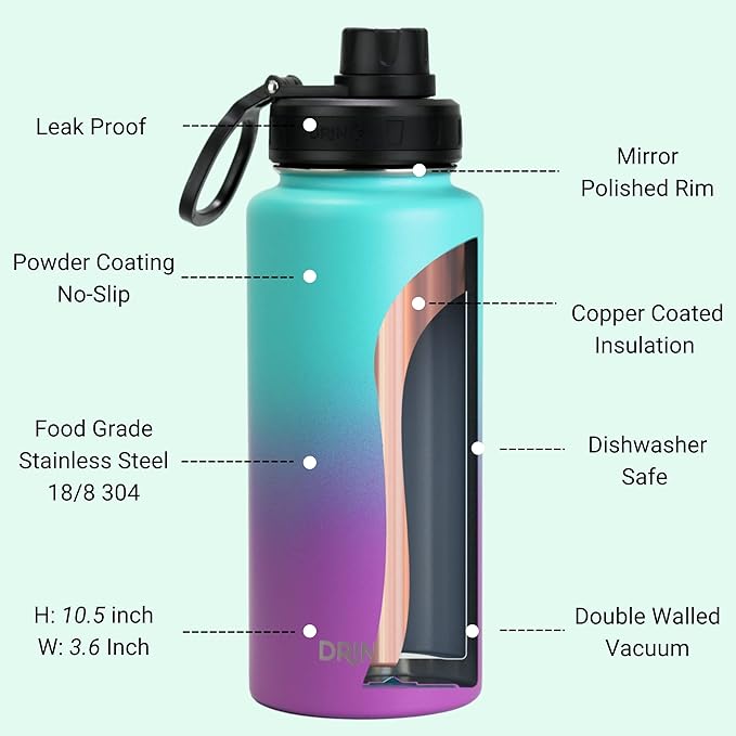 DRINCO Stainless Steel Water Bottle Spout Lid Vacuum Insulated Double Wall Water Bottle Wide Mouth (40oz 32oz 22oz 18oz 14oz) Leak Proof Keeps Cold or Hot (32 oz, 32oz Ombre Fuchsia Teal)