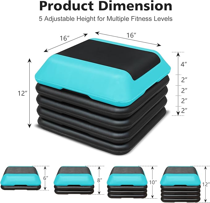 16"x16" Exercise Aerobic Step Platform with 4 Risers, Adjustable Height 4"-6"-8"-10"-12" Workout Stepper for Home Gym Fitness Strength & Training