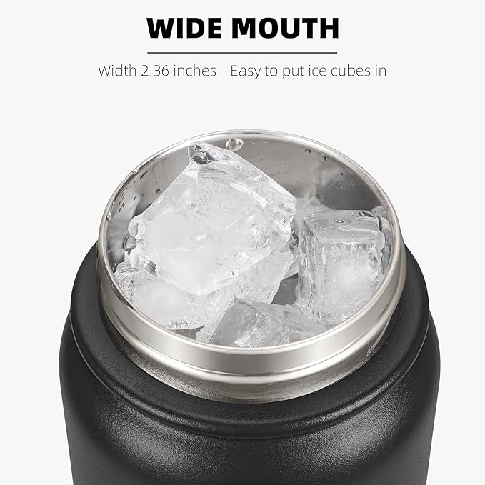 Fanhaw 32 Oz Stainless Steel Insulated Sports Water Bottles with Straw for Kids, Men and Women (Black)