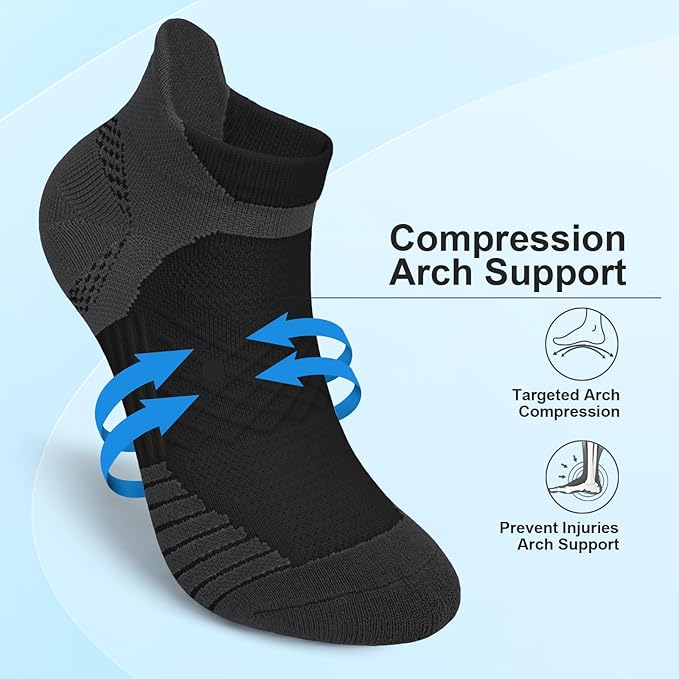 Iseasoo 6 Pairs Cotton Compression Ankle Socks – Cushioned Low Cut Running Socks with Arch Support for Women & Men