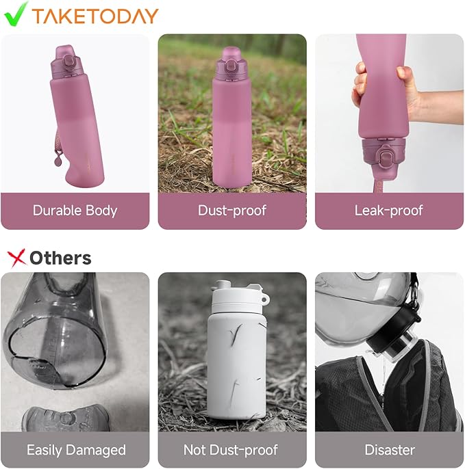 TakeToday Collapsible Water Bottles 32oz, Foldable Travel Water Bottle, BPA Free, Silicone Water Bottle Leakproof for Hiking, International Travel, Outdoors