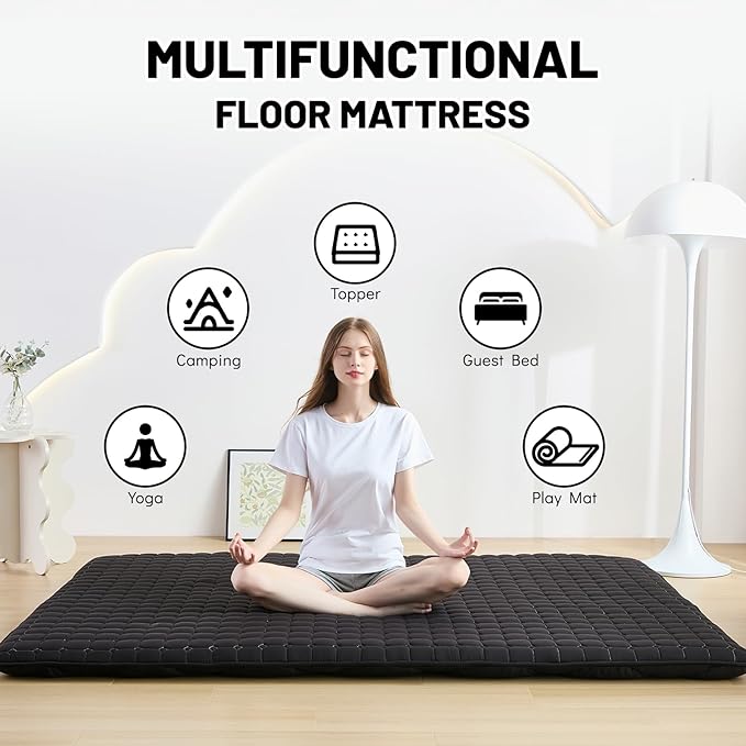 Japanese Floor Mattress Full, Anti-Slip Japanese Futon Foldable Tatami Mat for Guests, Black