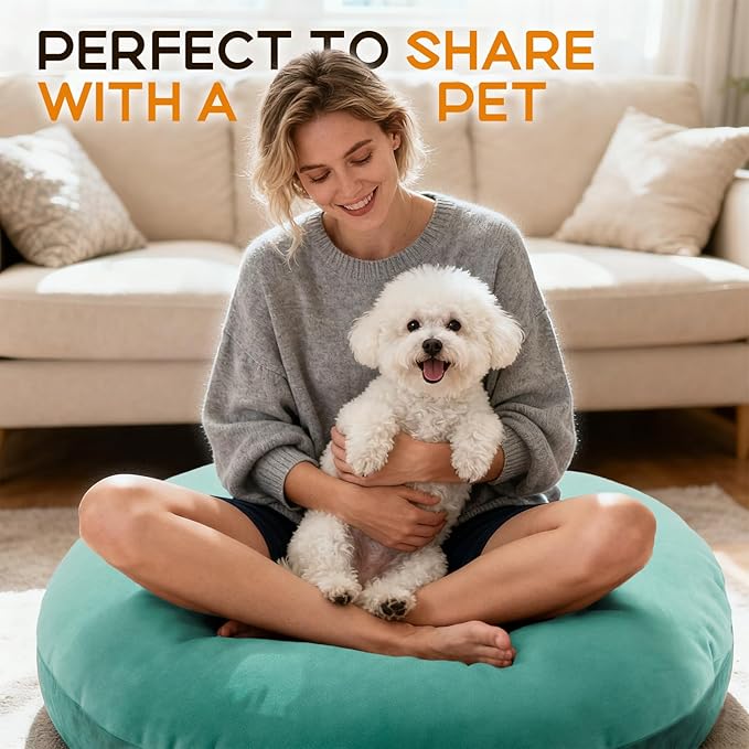 32" Round Floor Pillow with 13" Thick Padding, Velvet Meditation Cushion for Yoga & Lounge Seating, Large Ottoman Replacement Floor Mat for Adults, Decorative Accent Pillow (Lake Blue)