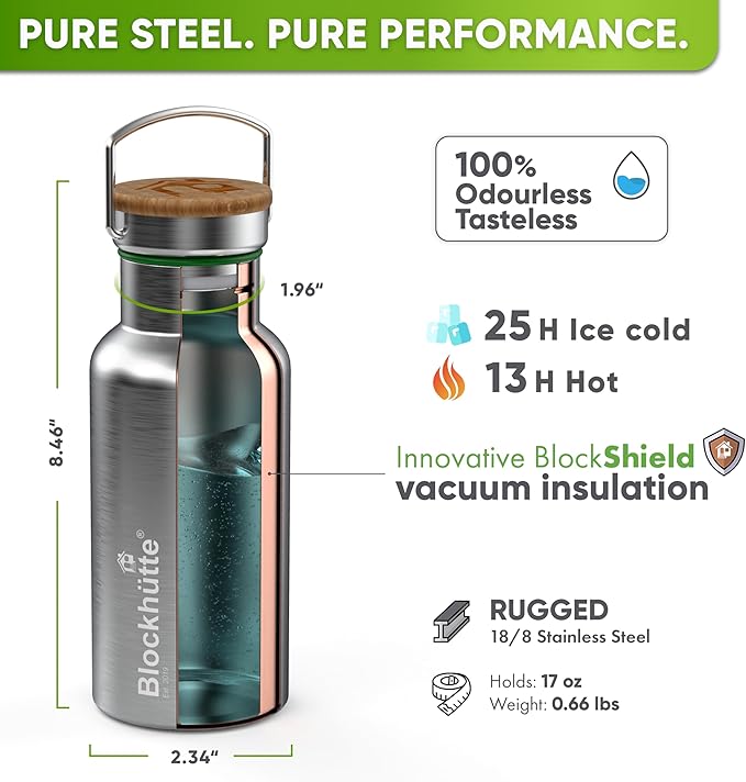 Blockhütte Vacuum Insulated Stainless Steel Water Bottle I 17 oz I Wide Mouth Metal Bottle for hot and cold drinks I BPA-Free I perfect for Travel, School I Kids, Adults, Water Canteen, Sports, flask