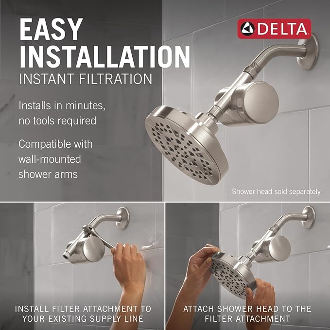 Delta Faucet Clarifi Standard Shower Filter Attachment with Filter, Shower Water Filter, Shower Head Filter, Stainless 7SF100-SS