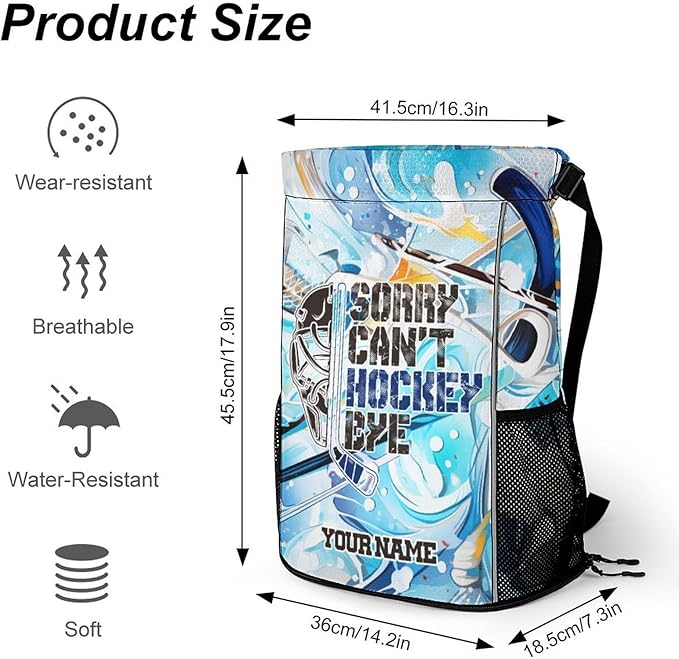 Custom Hockey Drawstring Backpack - Cool Cinch Sack, String Backpacks with Pocket for Kids Women Men Boys Girls for Gym Outdoor Sports Travel Athletic Drawstring Bag - Lightweight/Foldable