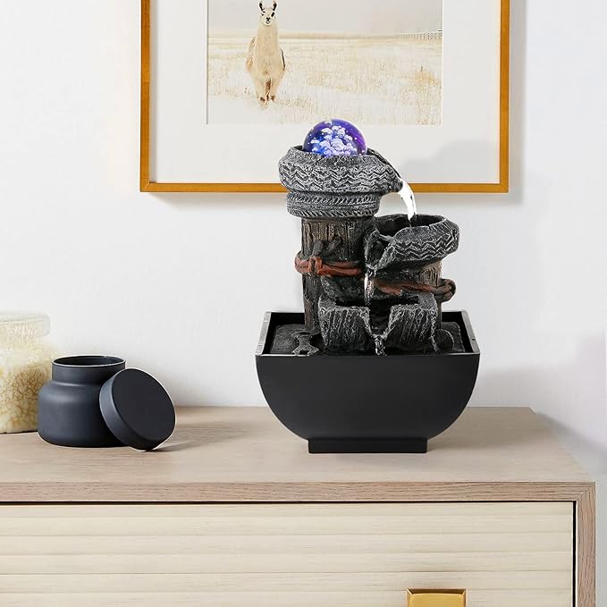 Dyna-Living Tabletop Water Fountain Waterfall Fountain Indoor with Lights Rolling Ball Feng Shui Water Fountains for Home Decor