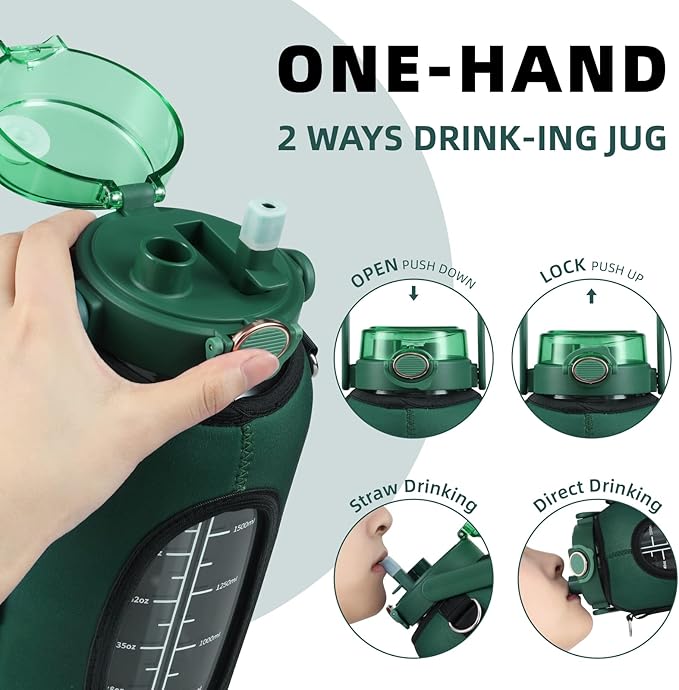 Half Gallon 64oz Glass Water Bottle with Straw and Storage Sleeve Motivational Water Bottle with Strap and Time to Drink 2L Leakproof Reusable Water Jug for Fitness Gym and Outdoors