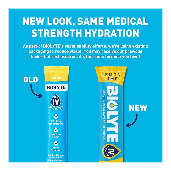 BIOLYTE IV Electrolyte Powder Packets, IV Liquid Drink Mix for Water, Doctor-Developed Hydration, HSA & FSA Approved Dehydration Relief, Chemotherapy Must Haves for Women & Men- Lemon Lime (16 Sticks)
