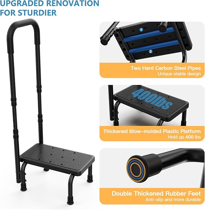 Step Stool with Handle for Elderly, Non Skid Platform & Adjustable Handrail, Medical Stepping Stool for High Bed Mobility & Daily Living Aids, Bedside Car Stair Lift for Senior Adults 400lbs