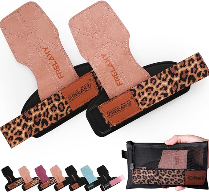 Frelaxy Lifting Wrist Straps Women and Men, Weight Lifting Grips with Cushion Wrist Loop, Double Layer Leather and Storage Pouch, Gym Workout Straps for Deadlift and Powerlifting