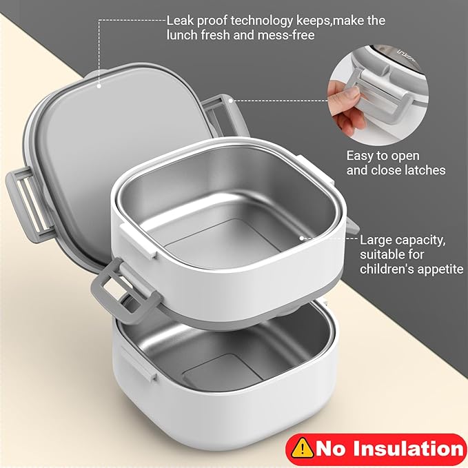 Double-Layer Bento Lunch Box for Kids & Adults with Removable Stainless Steel Dividers,Dressing Container,BPA-Free,Dishwasher Safe - Includes Utensil,(White,Non-Insulated)