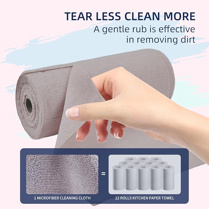 Microfiber Cleaning Cloth Roll - 70 Pack, Tear Away Microfiber Towels, 12" x 12", Reusable, Washable, Streak Free, Ultra Absorbent Dish Rags for Car, Home, Garage or Shop (Grey and Pink)
