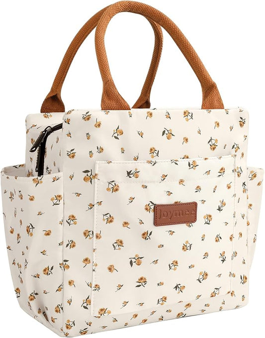 Joymee Lunch Bag Women Insulated Lunch Box Reusable Leakproof Large Spacious Cooler Tote for Women Men Adult with Bottle Holder and Side Pockets for Work Office Travel Picnic - Yellow Little Floral