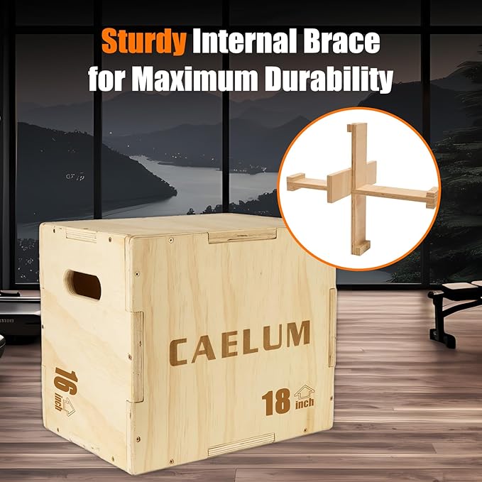 CAELUM 3-in-1 Wood Plyo Box - Non-Slip Plyometric Jump Box for Home & Gym, 400lbs Bearing Fitness Launch Box for Jumping Squats Step-ups Strength Training