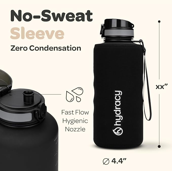 Hydracy Water Bottle with Time Marker -Large BPA Free Water Bottle & No Sweat Sleeve -Leak Proof Gym Bottle with Fruit Infuser Strainer & Times to Drink -Ideal for Fitness Sports & Outdoors