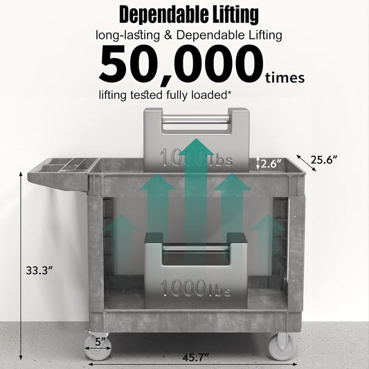 Utility Cart on Wheels, 1000 lbs Capacity Rolling Service Cart, 45 x 25 Inch Work Carts, 2 Shelf Heavy Duty Plastic Tool Cart, Lipped Shelves, for Warehouse, Garage, Cleaning, Gray