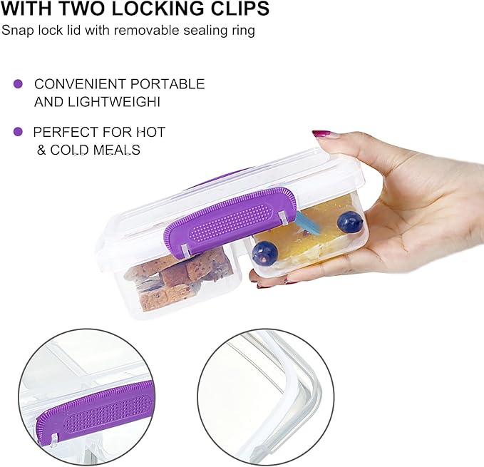 4 Pack Plastic Snack Containers with Lids, 2 Compartment Food Container for Kids Snack Box, Travel Bento Lunch Containers with forks for Fruits/Candies, Divided Food Storage Containers for School