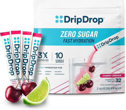 DripDrop Sugar Free Hydration Packets - Zero Cherry Limeade - Single Serve Electrolytes Powder Drink Mix - Non-GMO, Gluten Free, Vegan - 32 Sticks