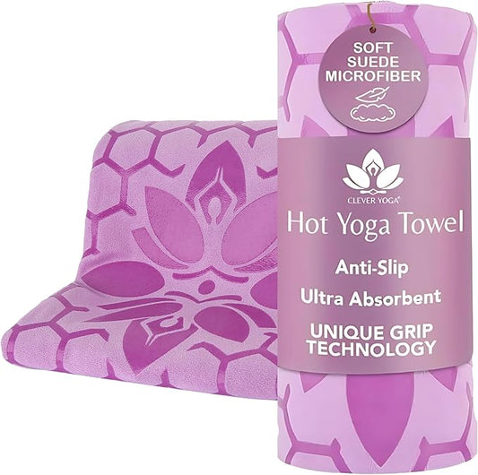 Clever Yoga Hot Yoga Mat Towel – Non-Slip Grip for Hot Yoga, Sweat Absorbent, Honeycomb Silicone Grip, Stays Flat – Ideal for Pilates, Travel, Washable & Lightweight - Lilac