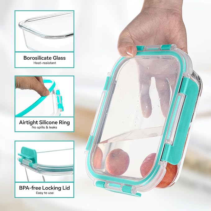 BAYZZ Glass Food Storage Containers, 5 Pack 35 Oz Glass Meal Prep Containers, Lunch Boxes with Airtight BPA-Free Lids, Microwave, Freezer and Dishwasher Safe,Green