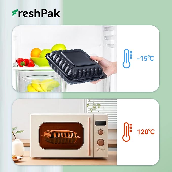 FRESHPAK Takeout Containers Mineral Filled PP - 55 Pack 8x8 34 oz Shrink Wrap BPA Free Plastic | Stackable Meal Prep Clamshell Food Container | Reusable Microwave Safe Leftovers | Catering Lunch Box