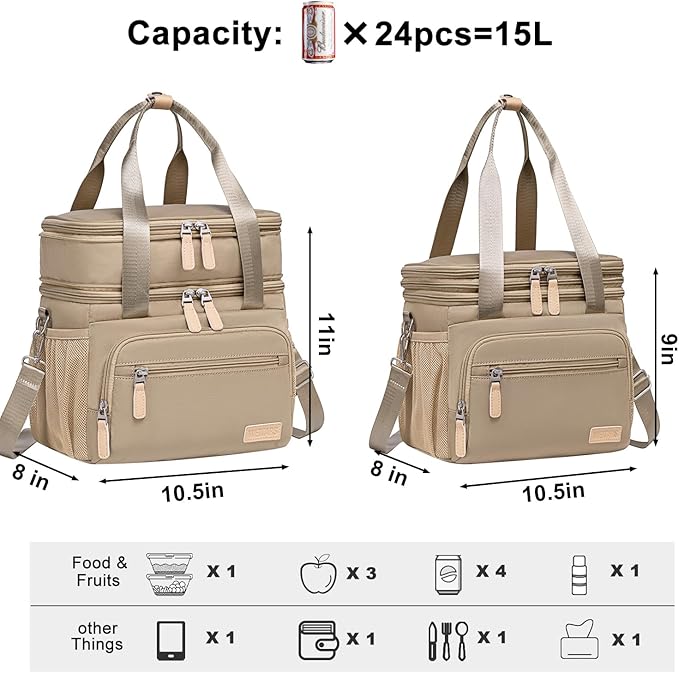 Weitars Insulated Lunch Box for Women Men-Dual Compartment Waterproof Reusable Large Lunch Bag Wide-Open Tote Cooler Bag for Working Picnic Hiking (15L) (Kahki)