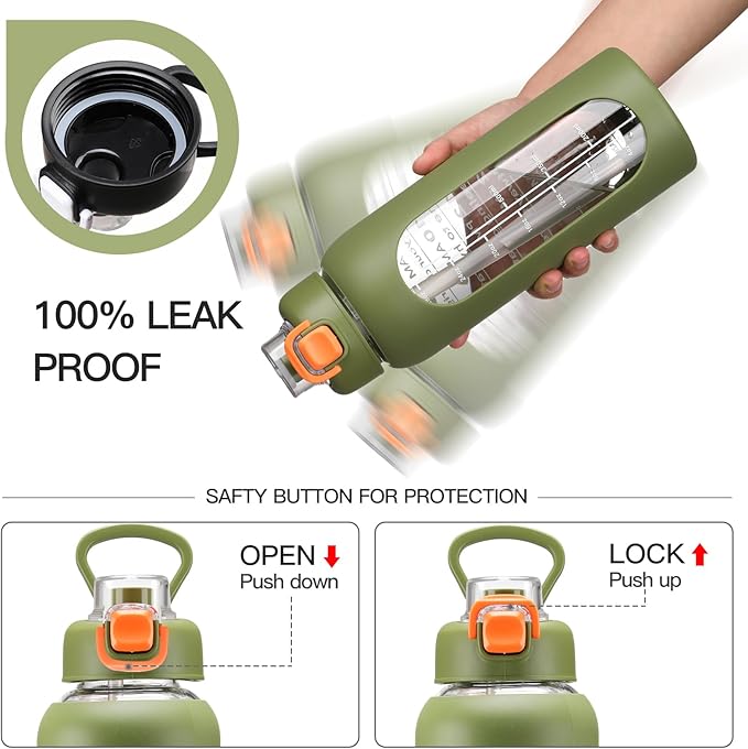 32 oz Glass Water Bolttles with Straw Large Motivational Water Bottle with Time Marker Sports Water Bottles with Silicone Sleeve and Handle Lid Water Jug for Gym Workout