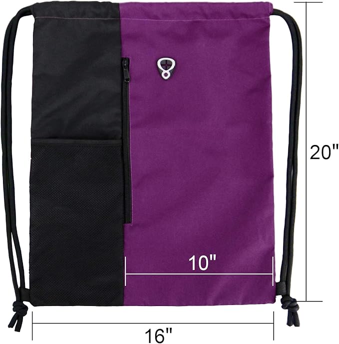 BeeGreen Large Capacity Drawstring Gym Backpack with Zipper Pocket & Water Bottle Holder - Unisex Heavy Duty Sports Sack for Workout, Hiking, Travel (Purple Black)