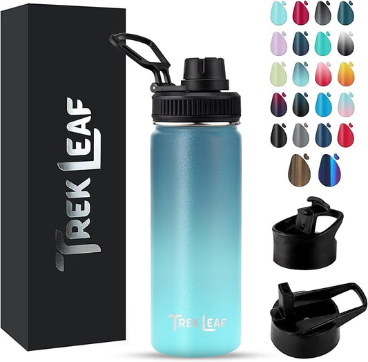 Travel Water Bottle with 3 Lids (Spout, Straw, Flip) Leak Proof, Quality, Vacuum Insulated, Stainless Steel (Storm Cloud, 18 oz)