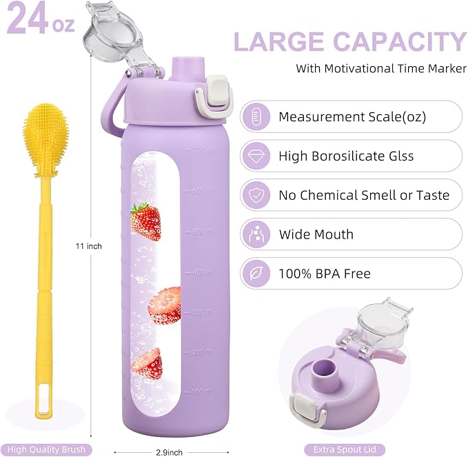 24 oz Glass Water Bottles with 2 Lids-Handle Spout Lid & Straw Lid, Motivational Water Bottle with Time Marker and Silicone Sleeve,Leakproof-Purple-1 Pack