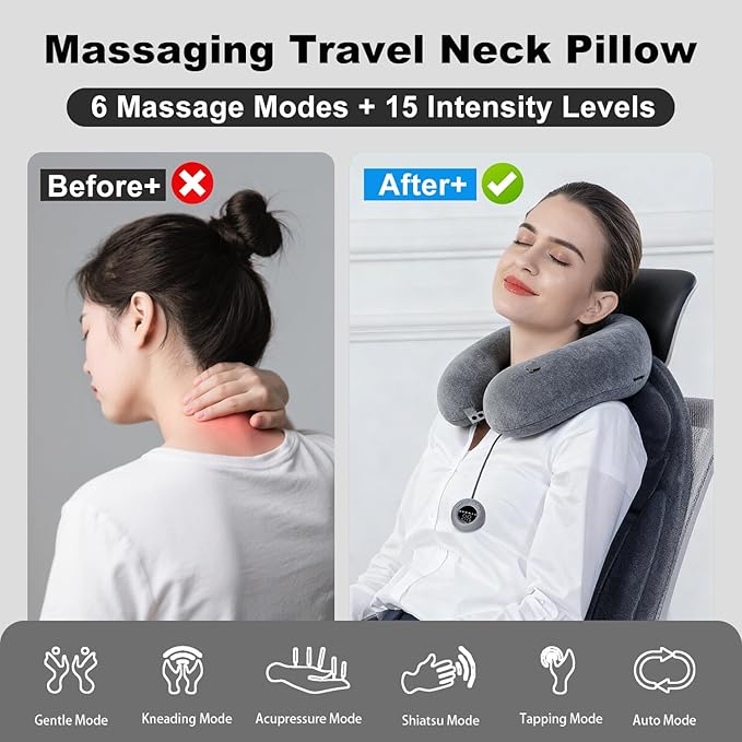 Inflatable Massage Travel Pillow for Airplane, Inflatable Travel Pillow with 6 Massage Modes and Compact Bag, U Shaped Neck Pillow for Airplane, Traveling, Train, Car, Sleeping, Office