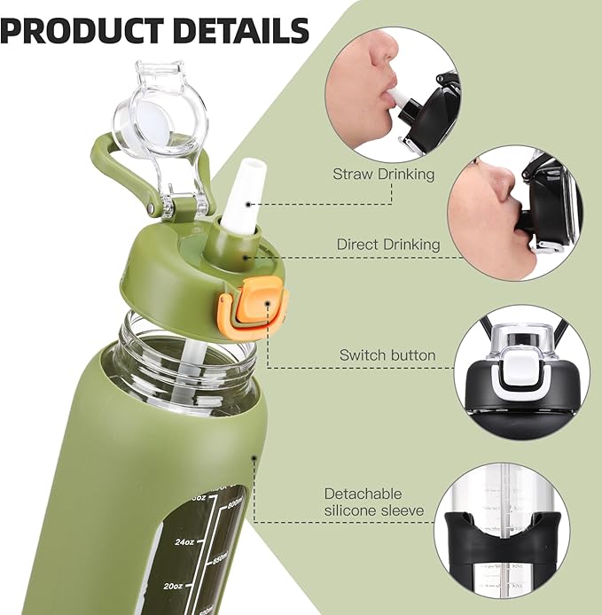 32 oz Glass Water Bolttles with Straw Large Motivational Water Bottle with Time Marker Sports Water Bottles with Silicone Sleeve and Handle Lid Water Jug for Gym Workout