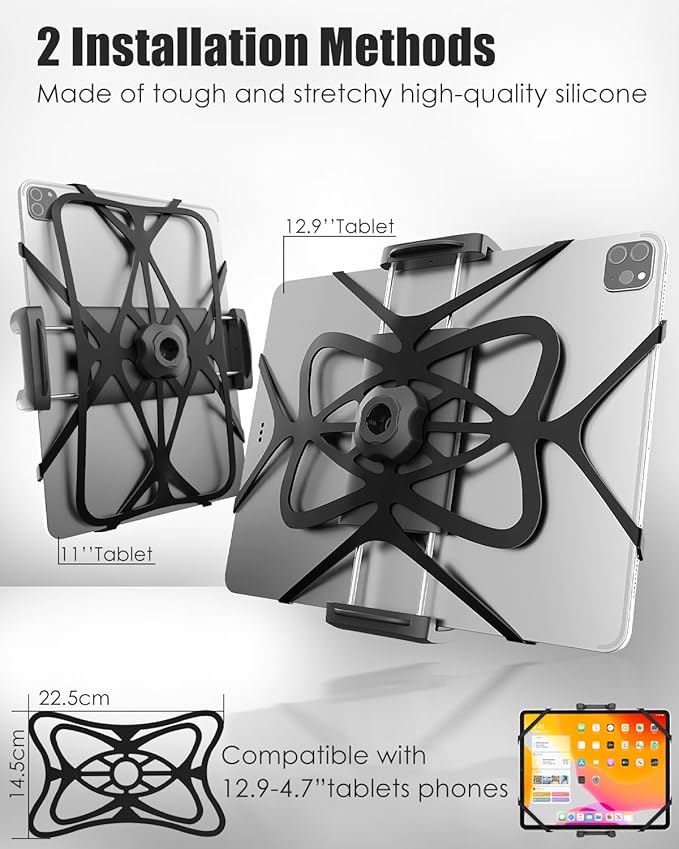 Bike Tablet Phone Holder with Silicone Security Band, Metal Arm 360° Rotation Tablet Handlebar Mount for Stationary Bicycle, Treadmill Fits iPad Pro/Air/Mini, Smartphones, 4-13'' Devices