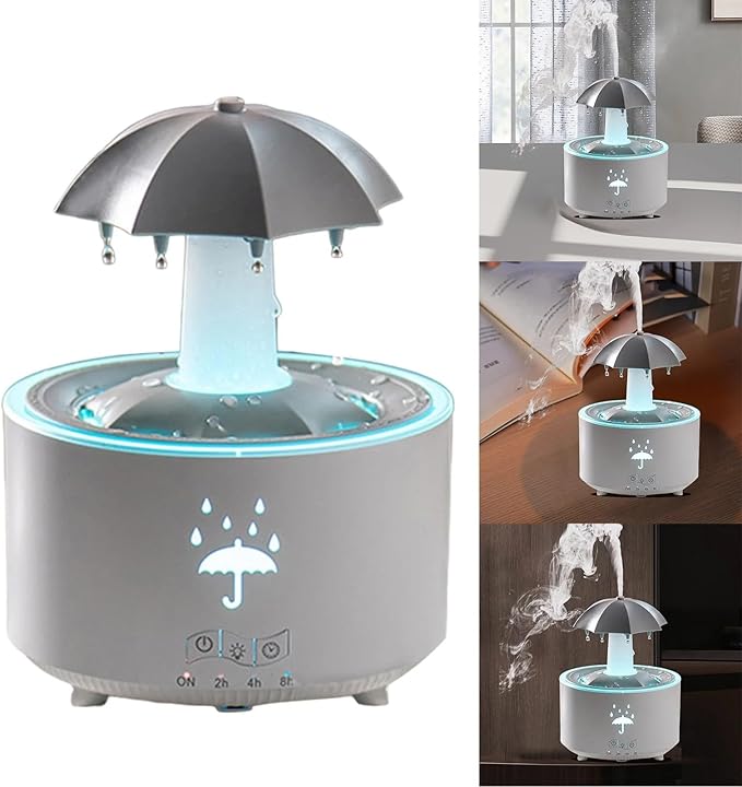 Humidifier for Bedroom, 7-Colors Led Rotating Umbrella Waterfal Humidifier with Water Droplet, 300ML Cute Desk Humidifier Aroma Diffuser with Remote,Timer Settings, Auto Shut-Off