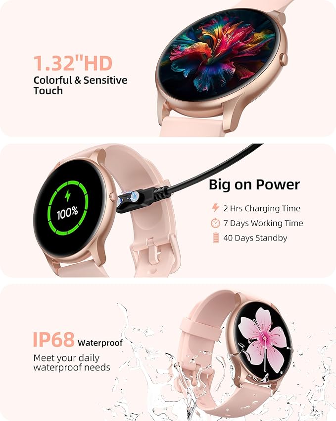 Parsonver Smart Watch for Women(Answer/Make Calls), HD Screen Fitness Tracker IP68 Waterproof, 100+ Sport Modes, Heart Rate/Sleep/SpO2/Steps Monitor, Round Smartwatch for Android & iPhone, Rose Gold