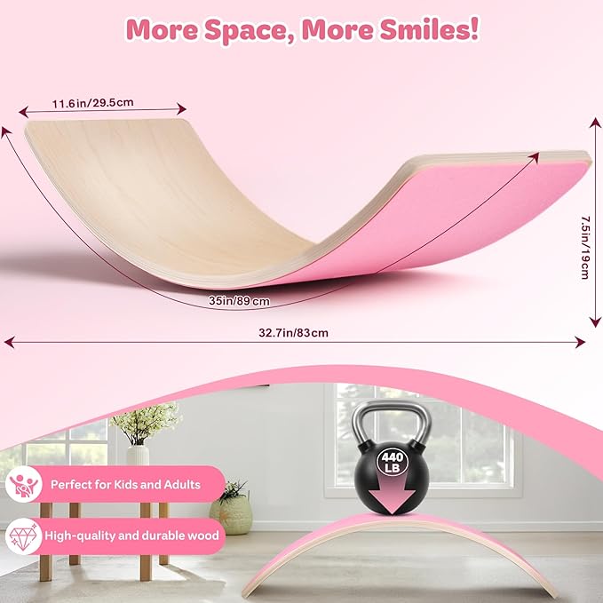 Balance Board Kids, 35 Inch Natural Wooden Wobble Balancing Board for Open Ended Learning, Toddler Rocker Board with Non Slip Felt Yoga Curvy Board for Adult Boys Girls M.ontessori-Inspired