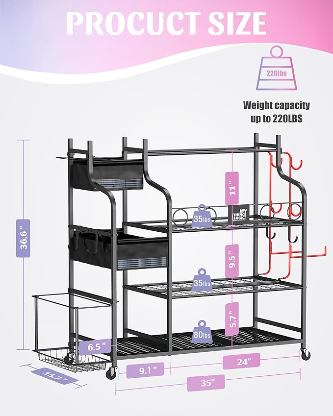 Mythinglogic Weight Rack for Dumbbells, Home Gym Storage for Yoga Mat Dumbbells Kettlebells and Strength Training Equipment, Dumbbell Rack with Wheels and Hanging Hooks