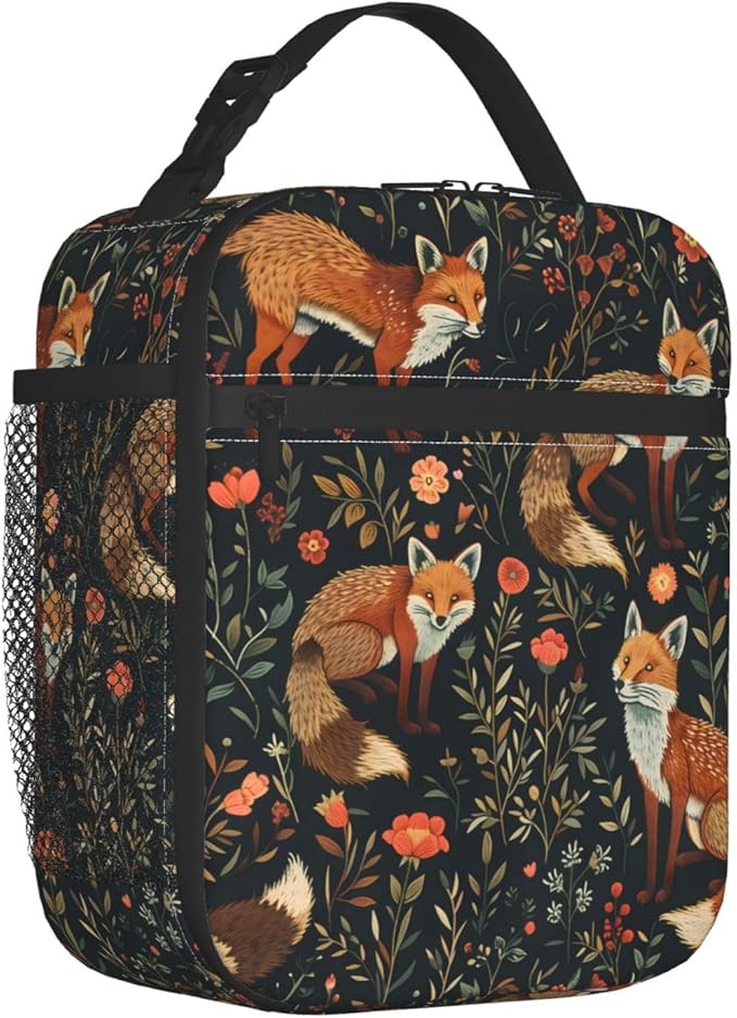 Fox Polyester Lunch Box for Kids Teen,Cute Reusable Thermal Lunch Bag for Adult Women,Rustic Insulated Tote Cooler Bags for School,Work,Picnic,Travel,Vibrant Forest Theme