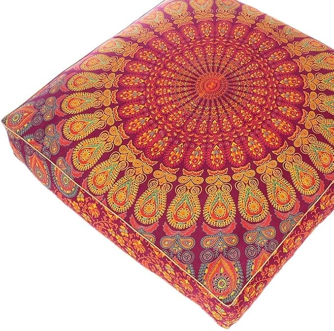 Eyes of India - Mandala Floor Pillow Cover Meditation Cushion Seating Throw Hippie Round Colorful Decorative Bohemian Indian Pouf Ottoman Handmade Cover ONLY (Burgundy, 35" x 35")