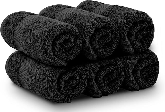White Classic Luxury Hand Towels | Cotton Hotel spa Bathroom Towel | 16x30 | 6 Pack | Black
