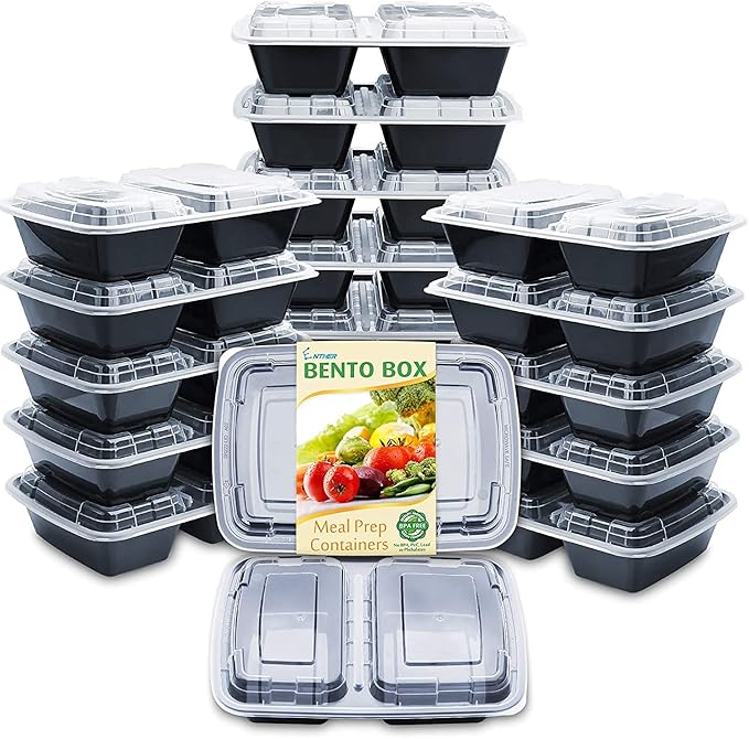Enther Meal Prep Containers [20 Pack] 2 Compartment with Lids, Food Storage Bento Box | BPA Free | Stackable | Reusable Lunch Boxes, Microwave/Dishwasher/Freezer Safe, Portion Control (32 oz)