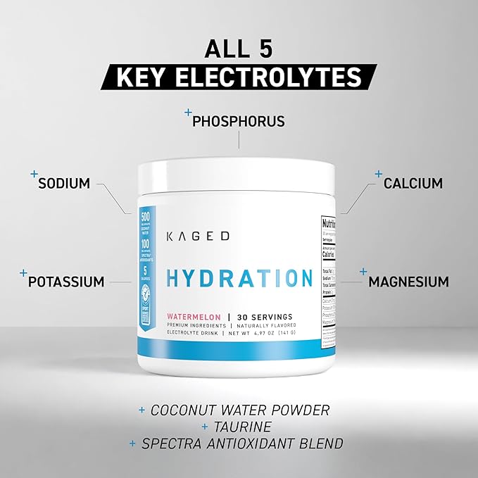 Kaged Hydration Electrolytes Powder | Watermelon | Hydra-Charge Sports Drink Mix | Pre, Post, Intra Workout | Low Carb, Vegan, Gluten Free | Supplements for Men & Women | 30 Servings